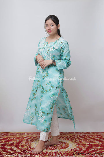 EILA TEAL FLORAL MULMUL CHIKANKARI STRAIGHT KURTA