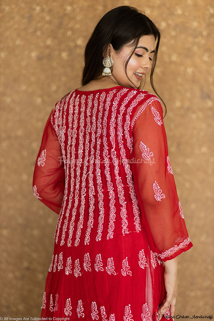 Aadila Red 56 Kali Georgette Chikankari Anarkali 