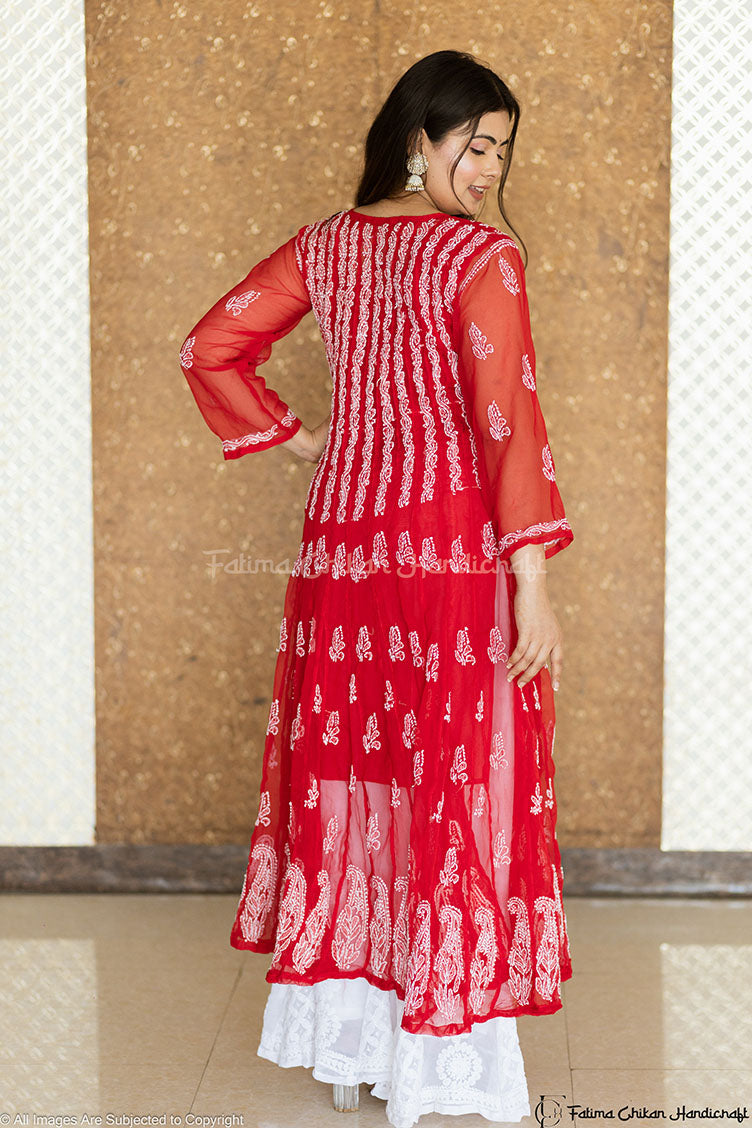 Aadila Red 56 Kali Georgette Chikankari Anarkali 