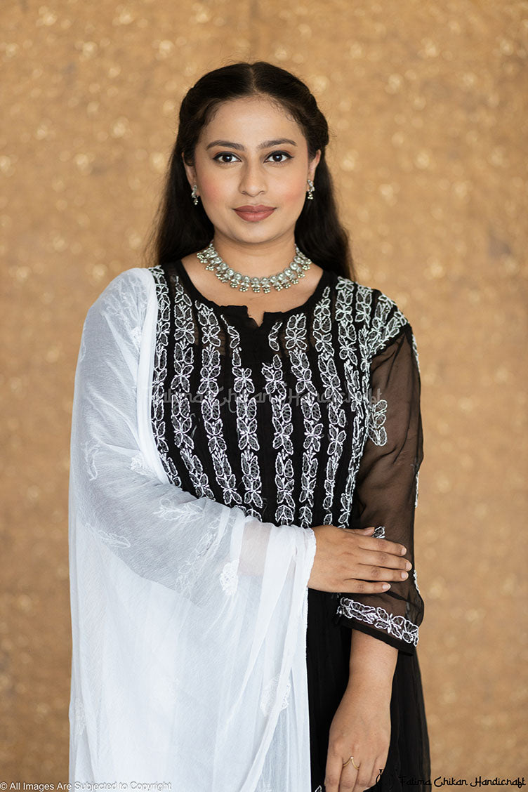 AADILA BLACK 56 KALI GEORGETTE CHIKANKARI ANARKALI