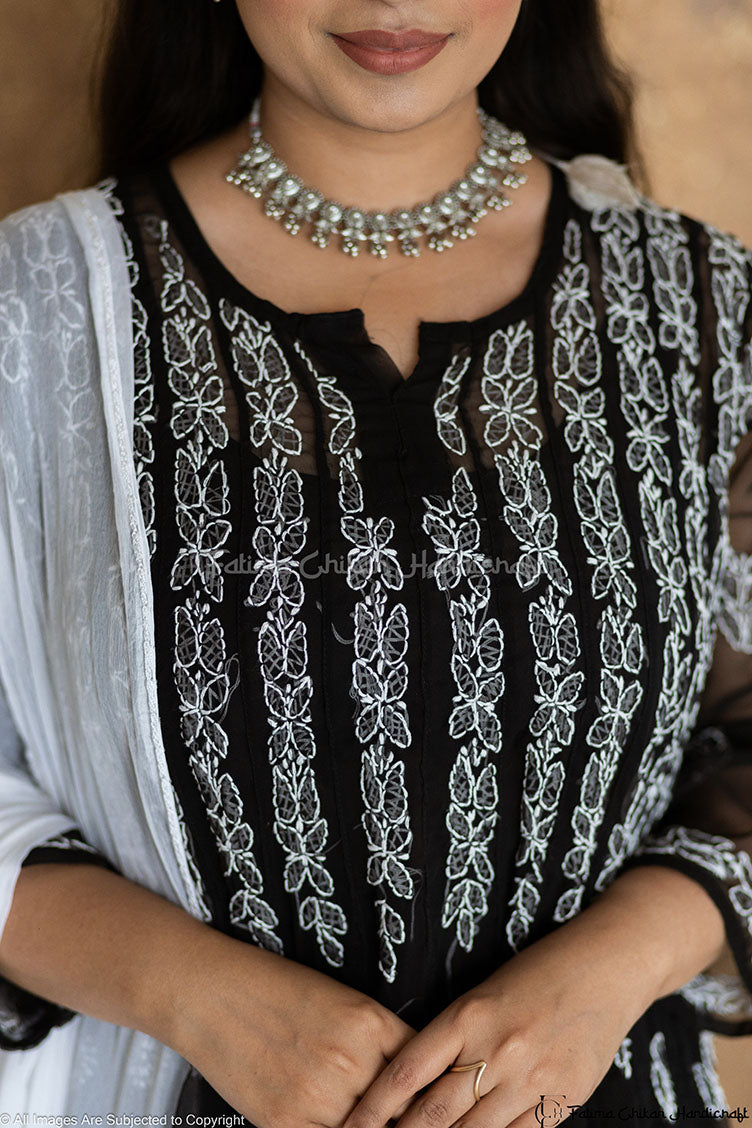 AADILA BLACK 56 KALI GEORGETTE CHIKANKARI ANARKALI