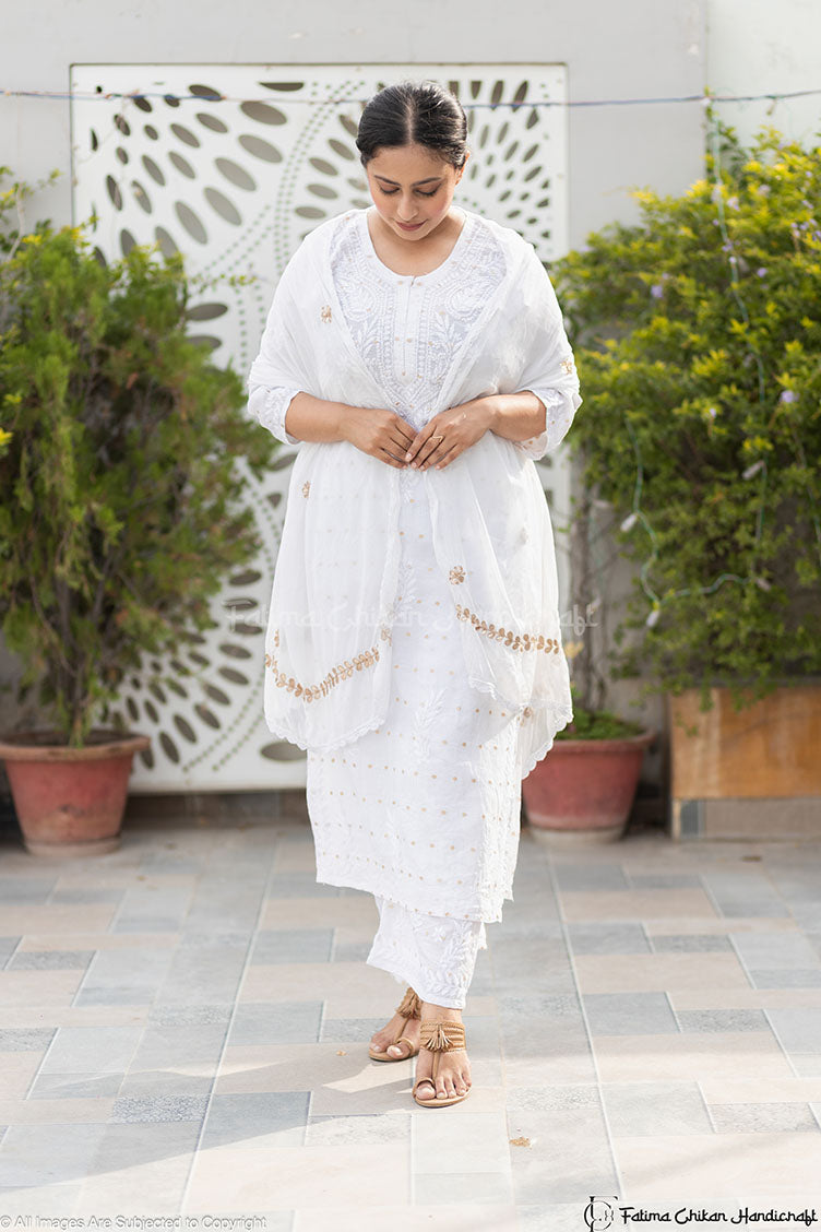 ADAB CHANDERI CHIKANKARI STITCHED SUIT SET