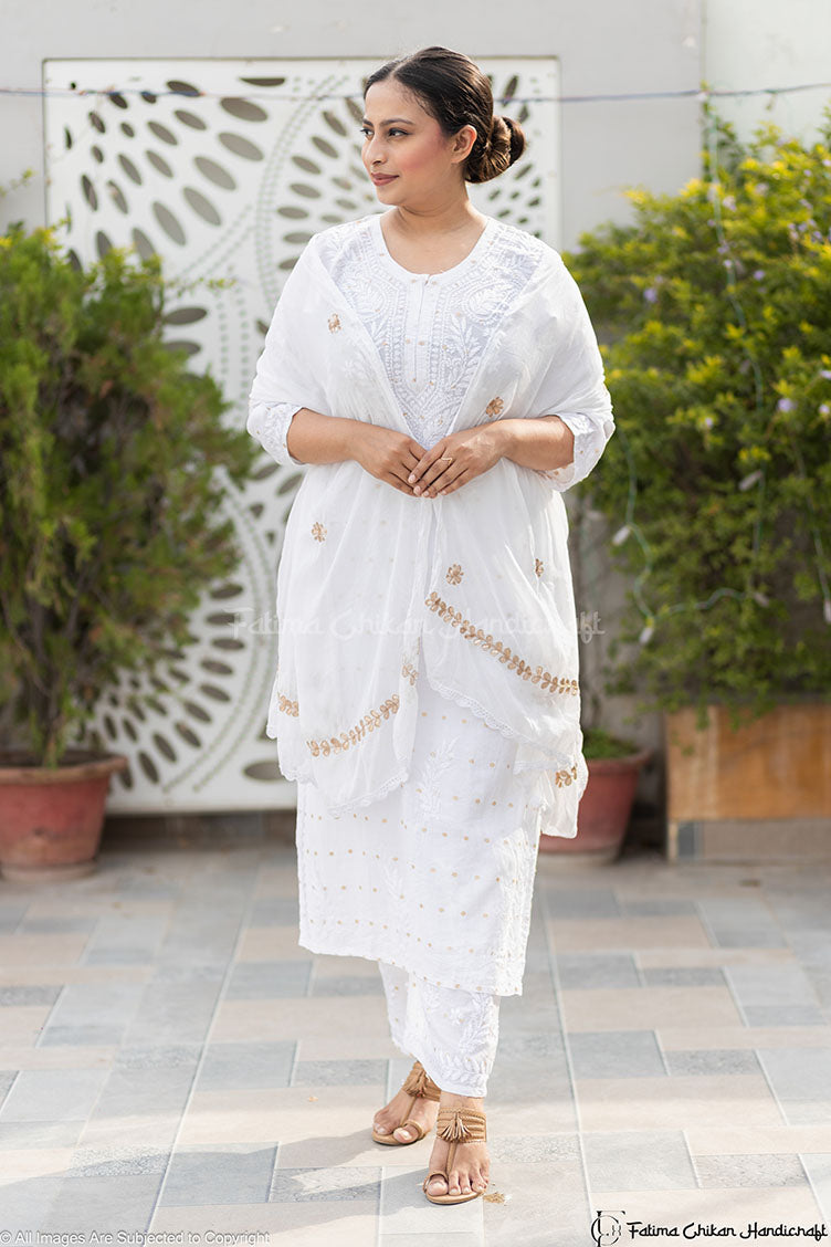 ADAB CHANDERI CHIKANKARI STITCHED SUIT SET