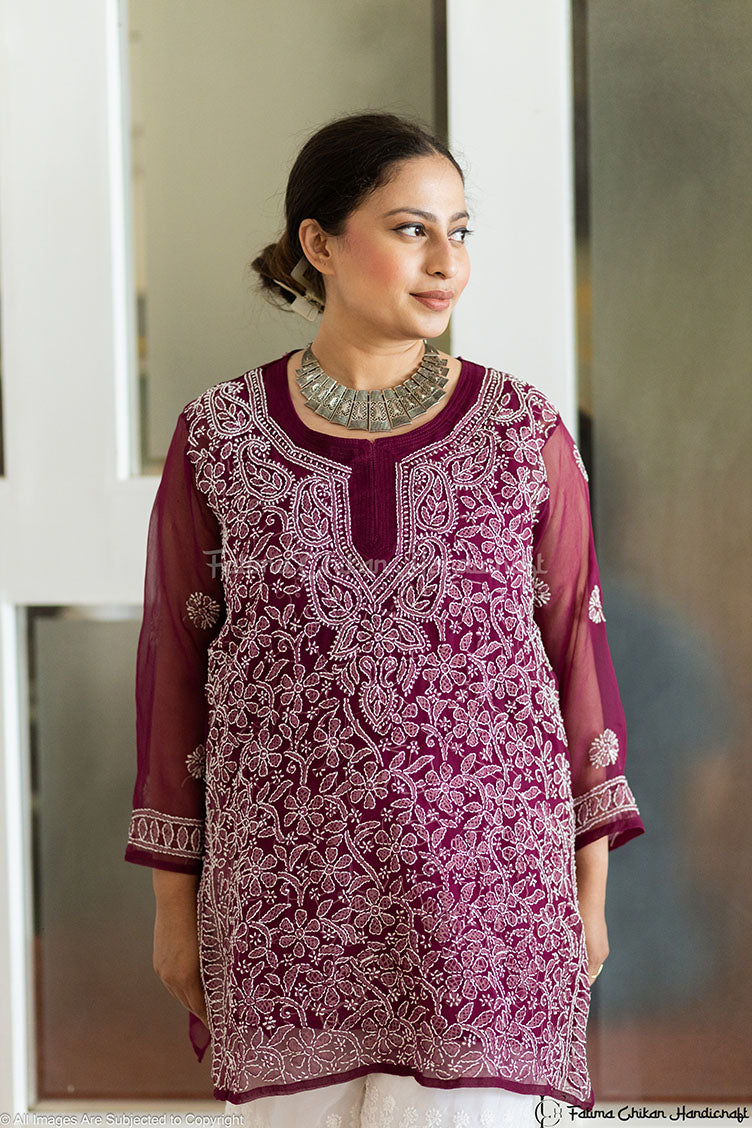 ELEGANT GEORGETTE ZAINA CHIKANKARI SHORT KURTA DELICATE HAND-EMBROIDERY