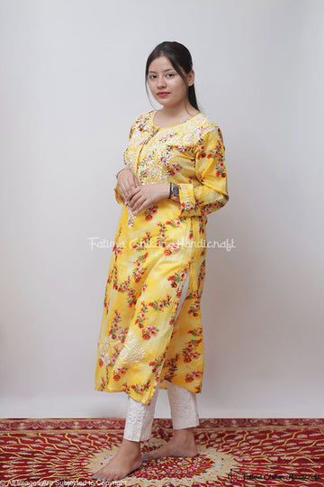 EILA YELLOW  FLORAL MULMUL CHIKANKARI STRAIGHT KURTA