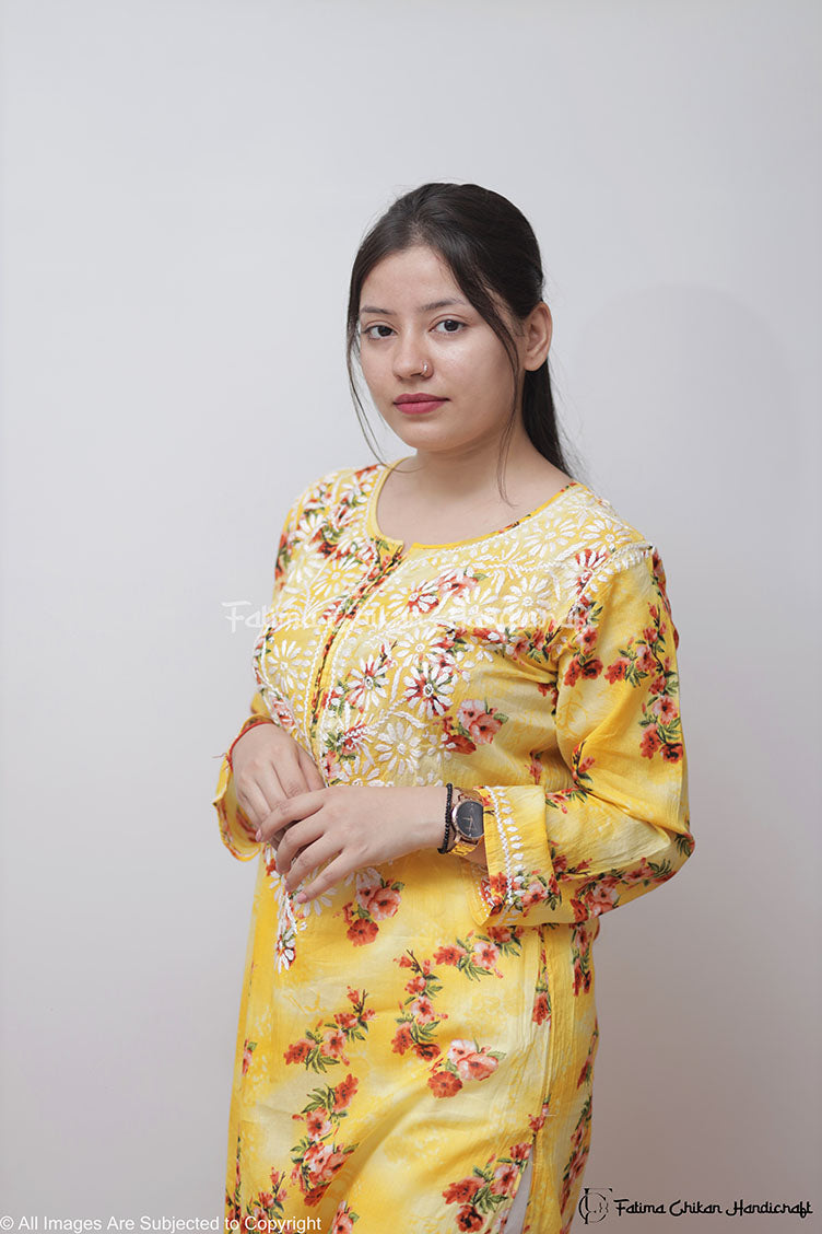 EILA YELLOW  FLORAL MULMUL CHIKANKARI STRAIGHT KURTA