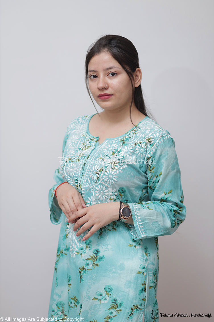 EILA TEAL FLORAL MULMUL CHIKANKARI STRAIGHT KURTA