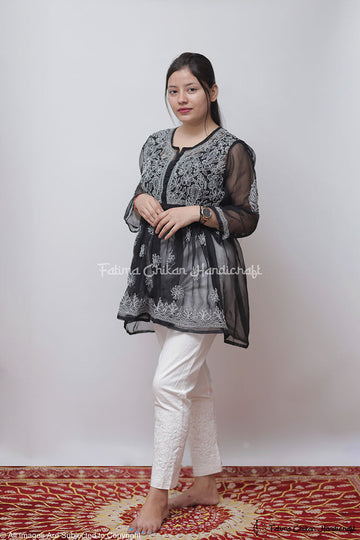 FALAK BLACK GEORGETTE CHIKANKARI SHORT FROCK