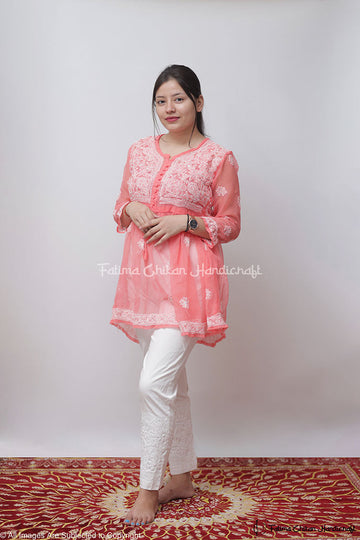 FALAK PEACH GEORGETTE CHIKANKARI SHORT FROCK