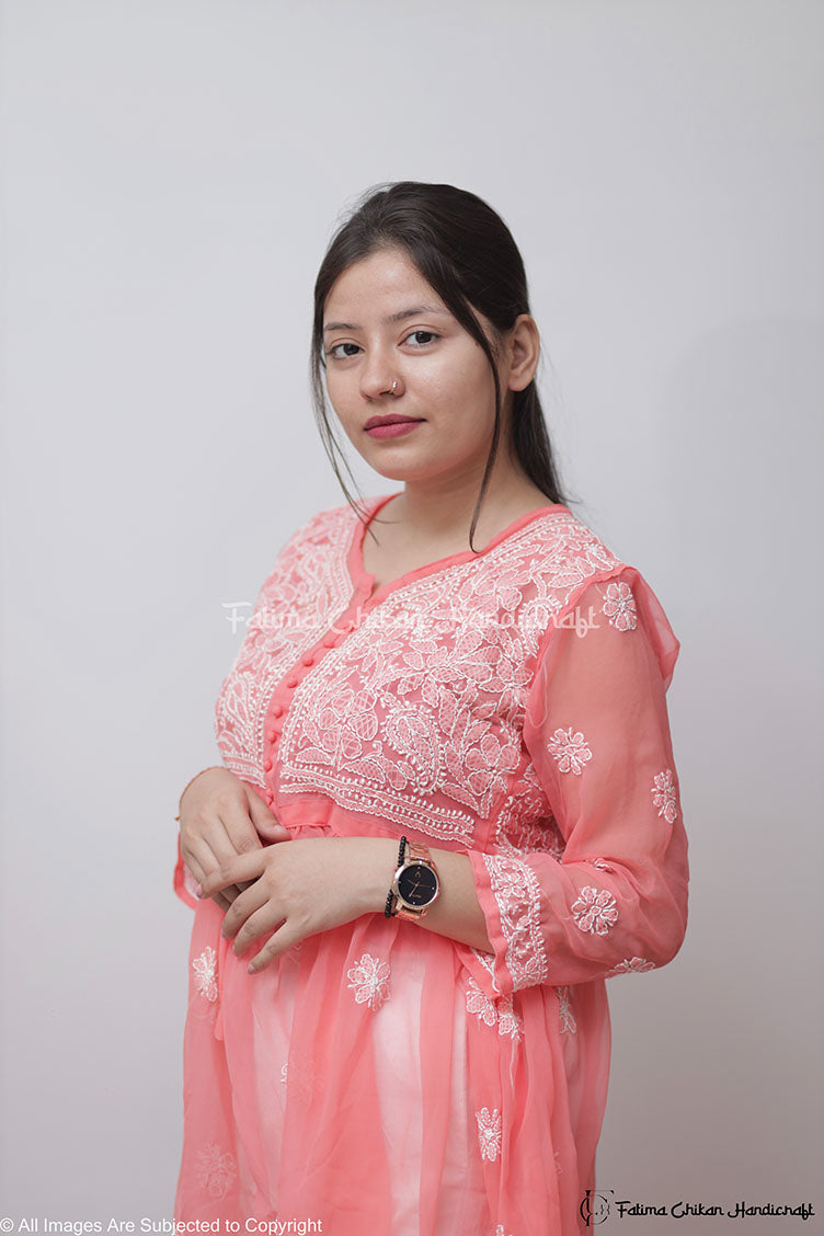 FALAK PEACH GEORGETTE CHIKANKARI SHORT FROCK