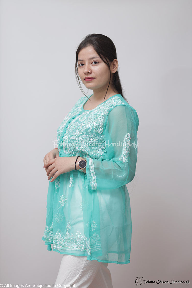 FALAK SKY BLUE GEORGETTE CHIKANKARI SHORT FROCK