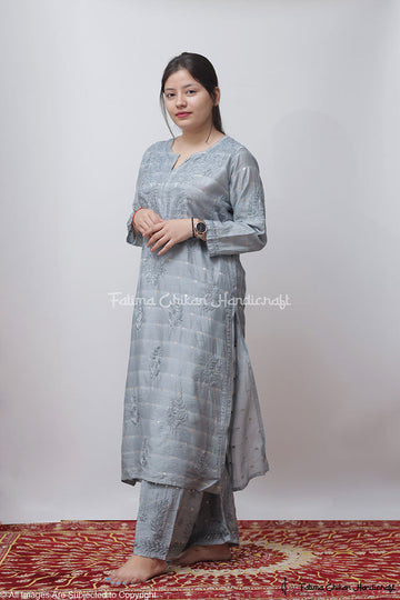 ADAB GREY CHANDERI CHIKANKARI STITCHED SUIT SET