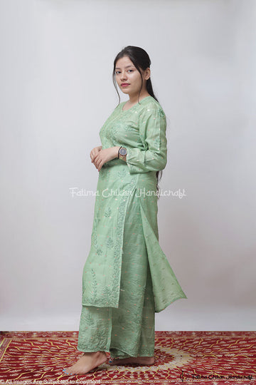 ADAB GREEN CHANDERI CHIKANKARI STITCHED SUIT SET