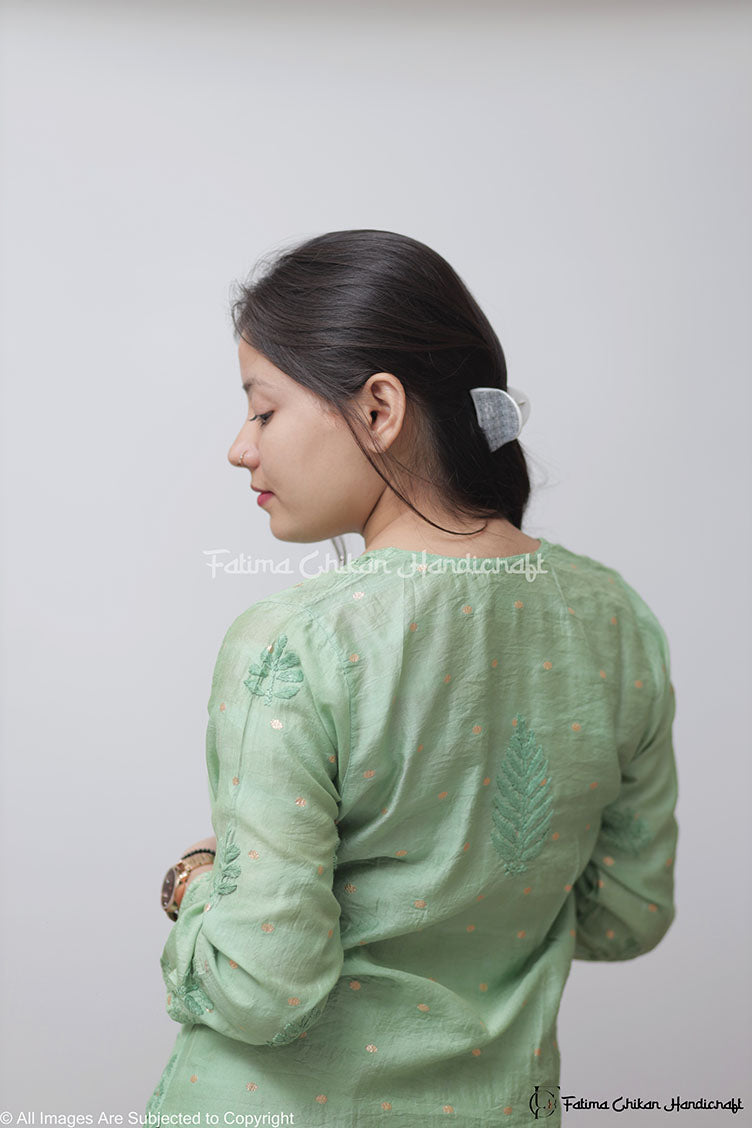 ADAB GREEN CHANDERI CHIKANKARI STITCHED SUIT SET