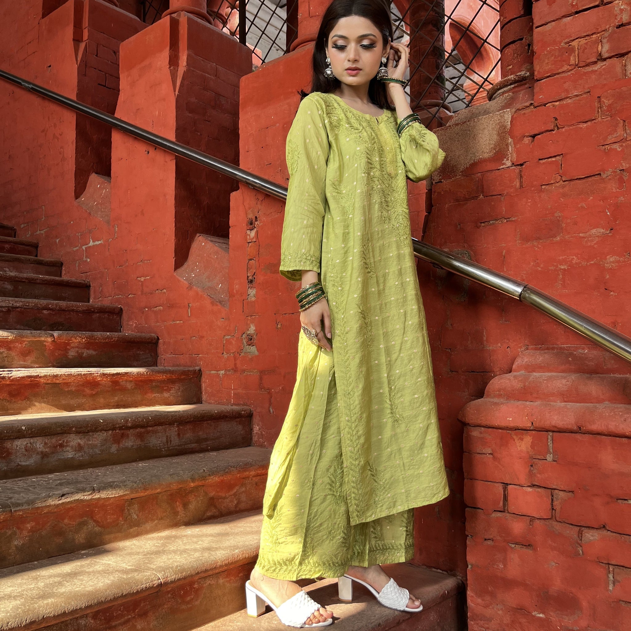ADAB GREEN CHANDERI CHIKANKARI STITCHED SUIT SET