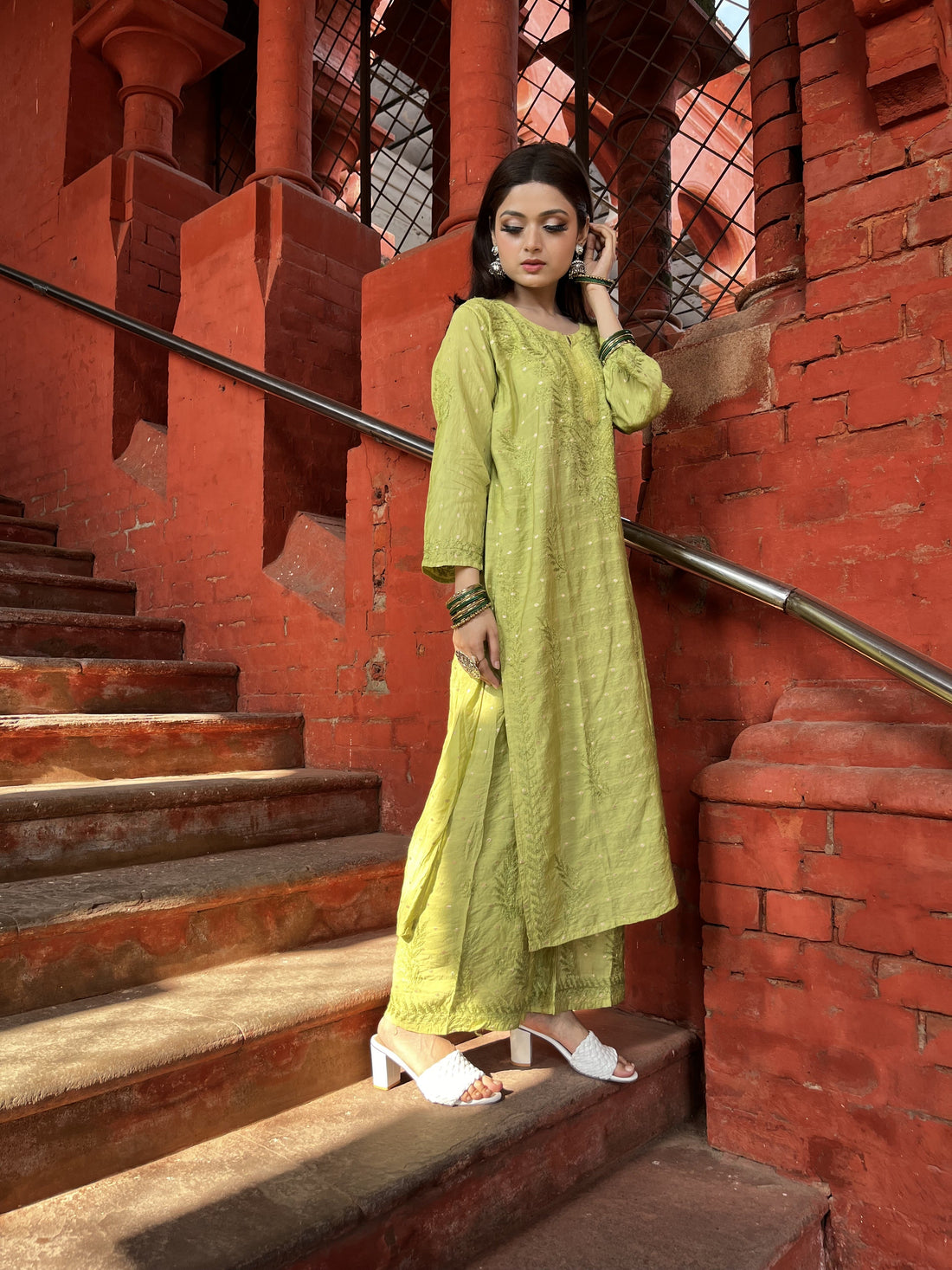 ADAB GREEN CHANDERI CHIKANKARI STITCHED SUIT SET