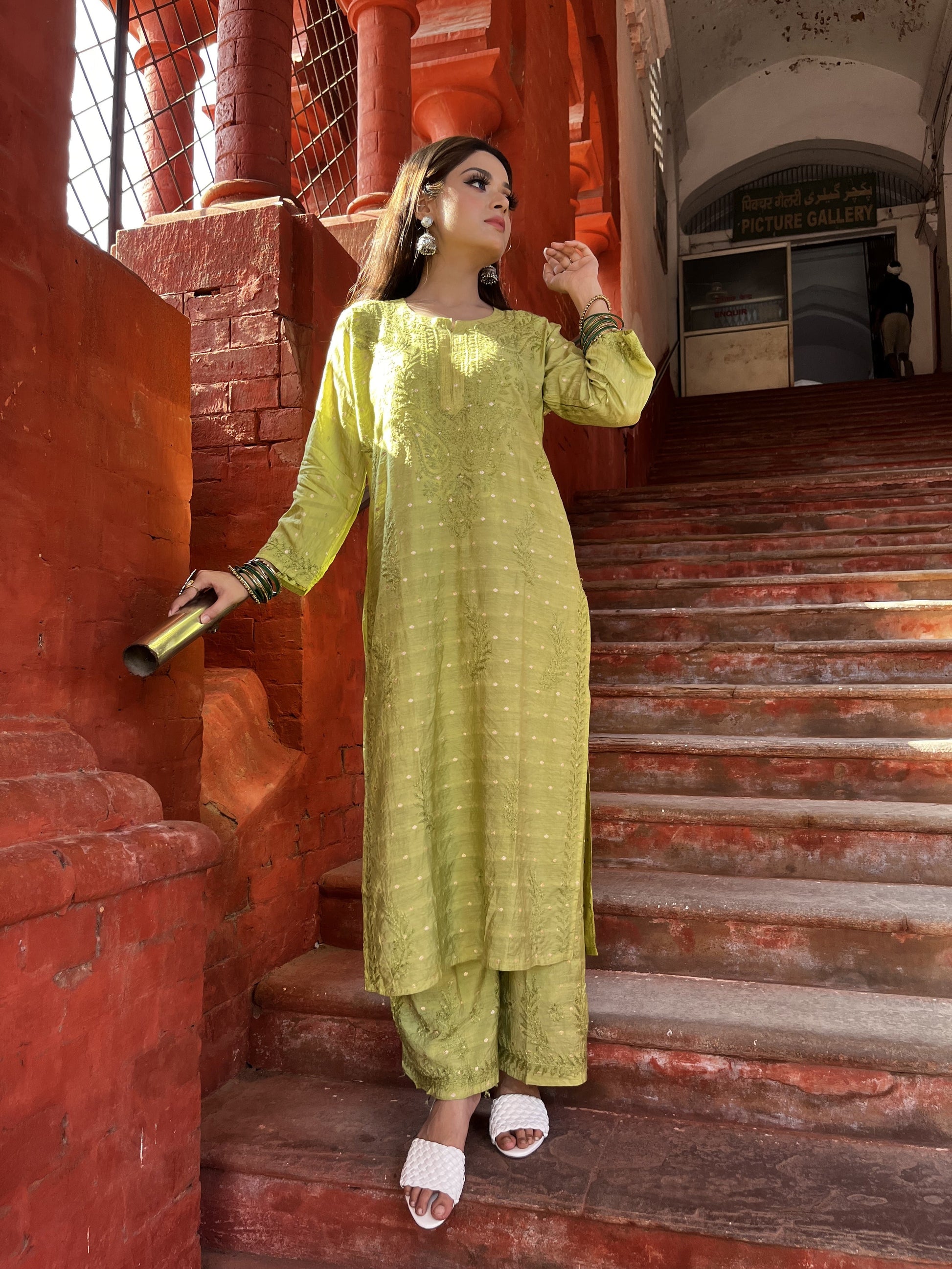 ADAB GREEN CHANDERI CHIKANKARI STITCHED SUIT SET